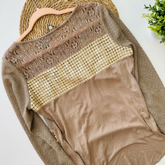 BKE womens Brown/Gold Lace Long Sleeve Blouse Size Large - Picture 7 of 9